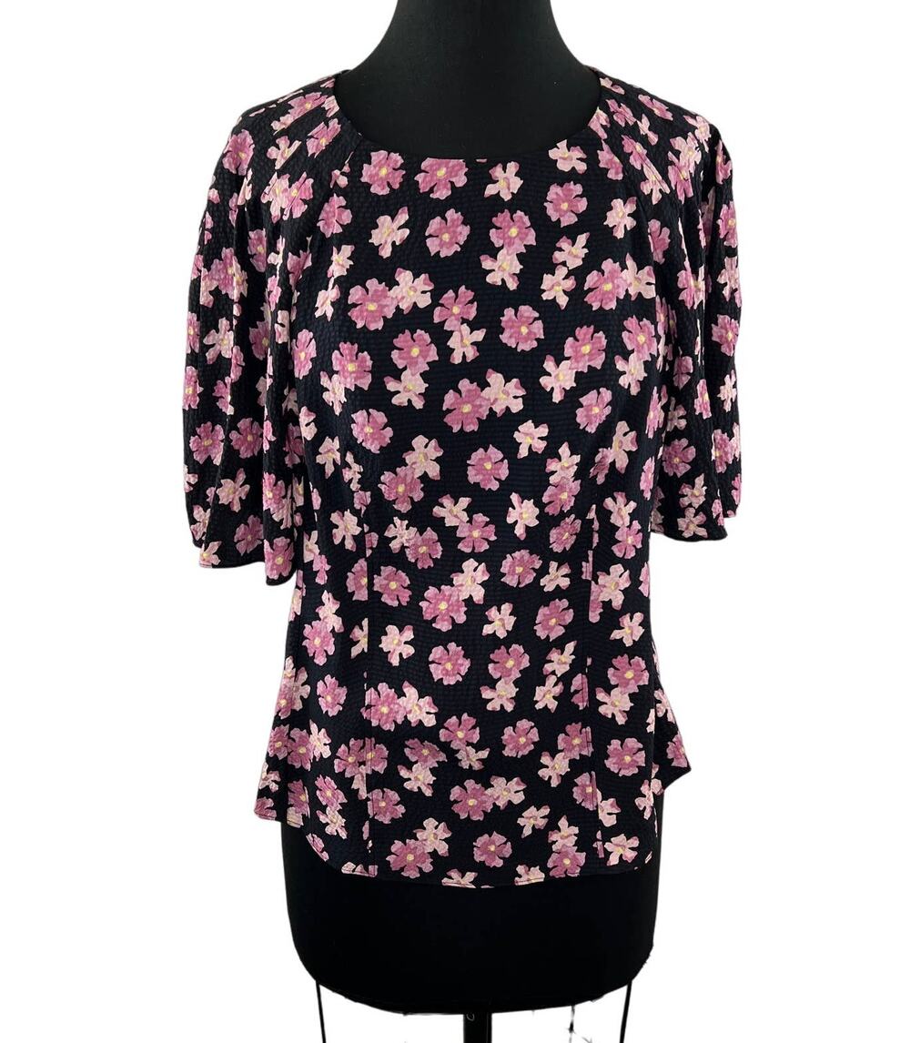 Rebecca Taylor Black Pink 8 Top Silk Floral Round Neck Short Sleeves Back Zip